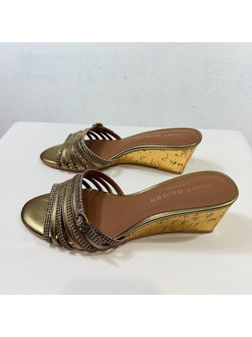 Kurt Geiger London Gold Crystal-Strap Wedge Slides Sandals Size 38.5 Women 8 US - Picture 5 of 11
